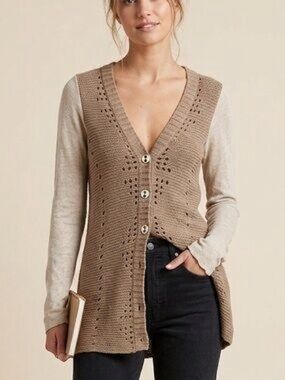 NWT Free People "Pinwheel" Taupe Knit Button-Front Sweater Cardigan